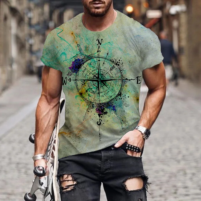 

Новейшая мужская летняя футболка с 3D-принтом и компасом, Повседневная футболка в стиле хип-хоп, Пляжная футболка с круглым вырезом и коротки...