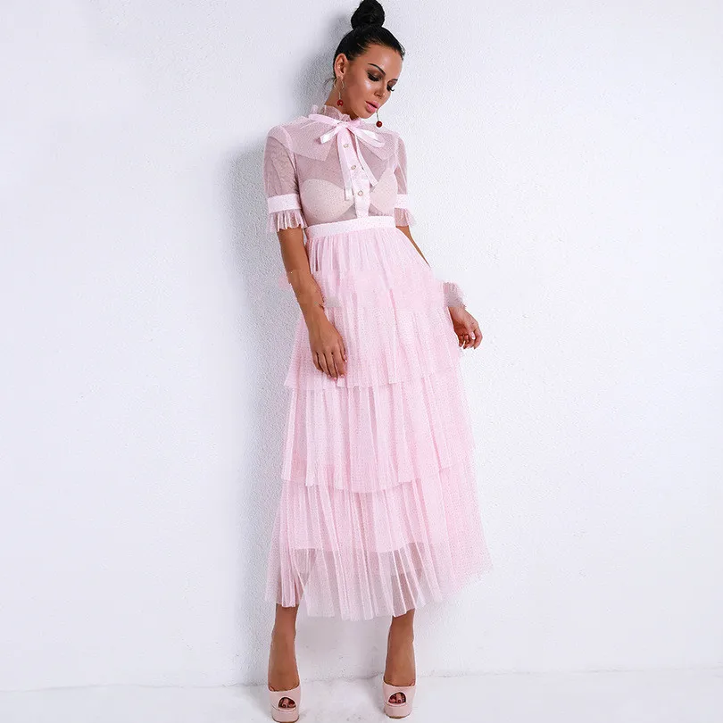 Женское Прозрачное платье с высокой горловиной и длинным рукавом в стиле ретро