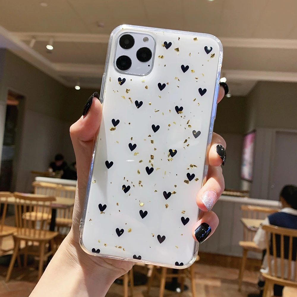 SUYACS Золотой фольгированный чехол для телефона с сердечком iPhone 11 Pro Max XS XR X 6 6S 7 8 Plus
