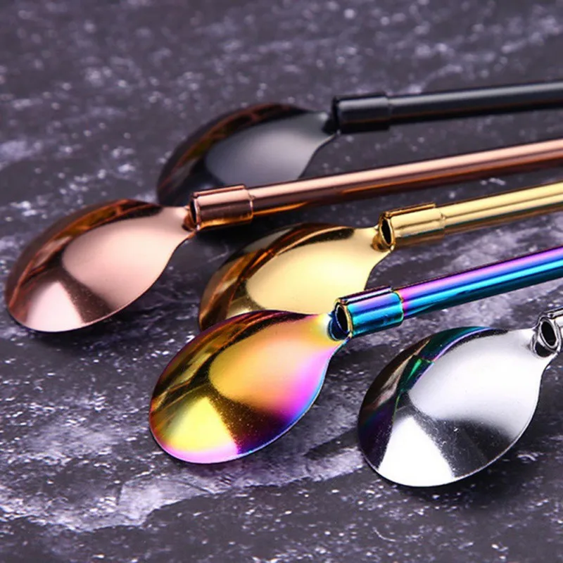 Stainless Steel Friendly Drinking Straw Spoon With Long Handle Milk Tea Spoon Kitchen Tableware Colorful Straw