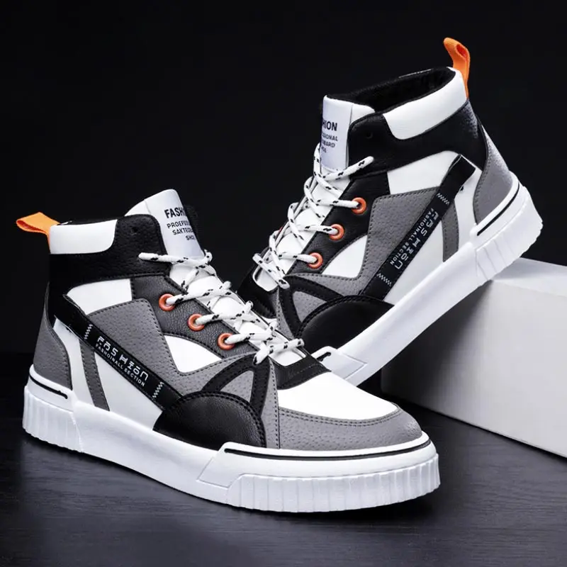 

High-top PU Leather Sports Shoes for Men Sneakers for Boys Sport Shoes Male Running Shoes White Gray Boots Booties Boty GMB-2565
