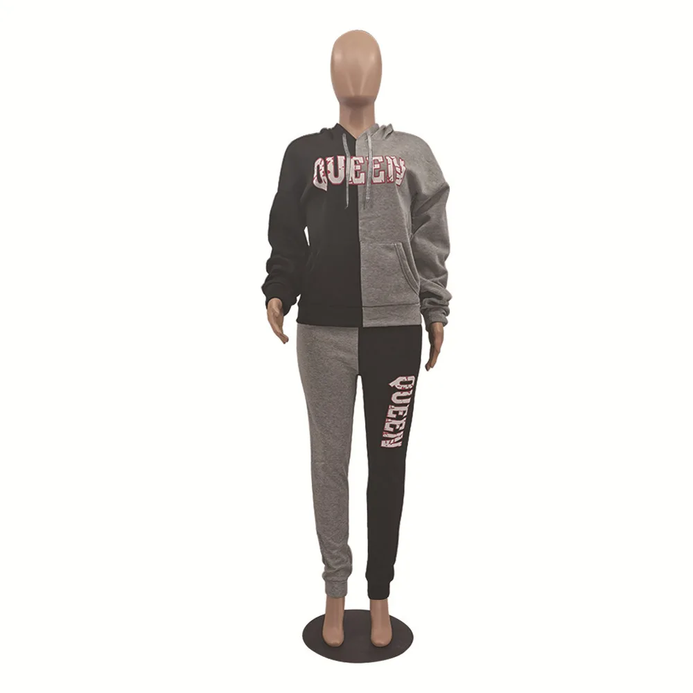 

Color Blocking Patchwork Sport Outfits Women's Clothing Letter Print Hooded Long Sleeve Sweatshirt and Jogger Sweat Pant Suits