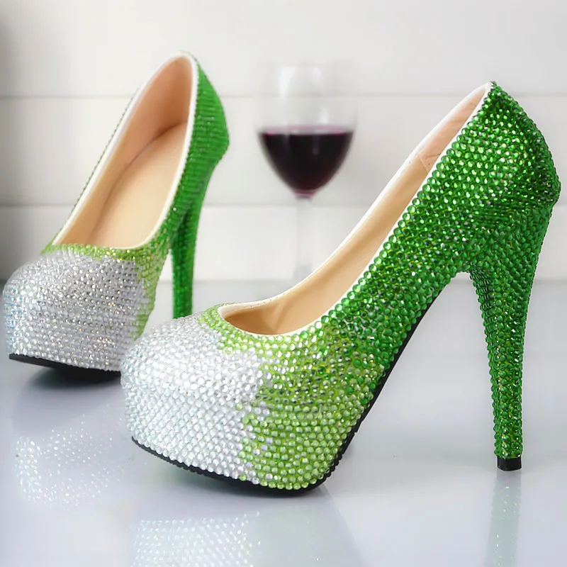 2021 New Women Crystal Wedding Shoes Bride Green Gradual Fashion Rhinestone Party Dress Shoes Platform Super High Heels Pumps