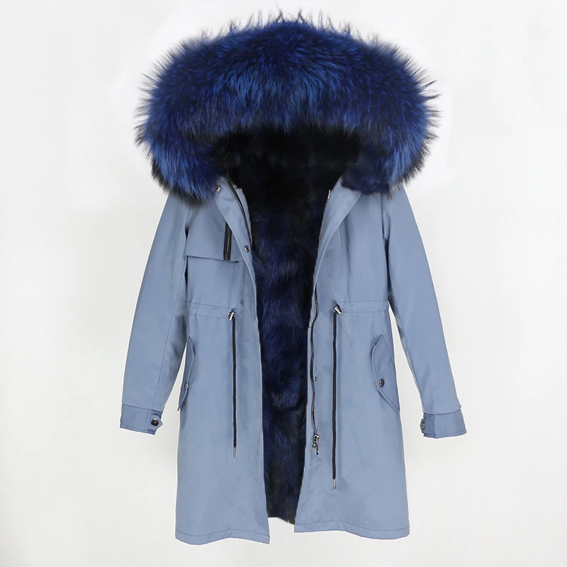 grey blue OFTBUY, водонепроницаемая парка, пальто из натурального меха, зимняя куртка для женщин, натуральный мех енота, меховой воротник, Лисий мех, подкладка, теплая Толстая Уличная верхняя одежда - Цвет: grey blue