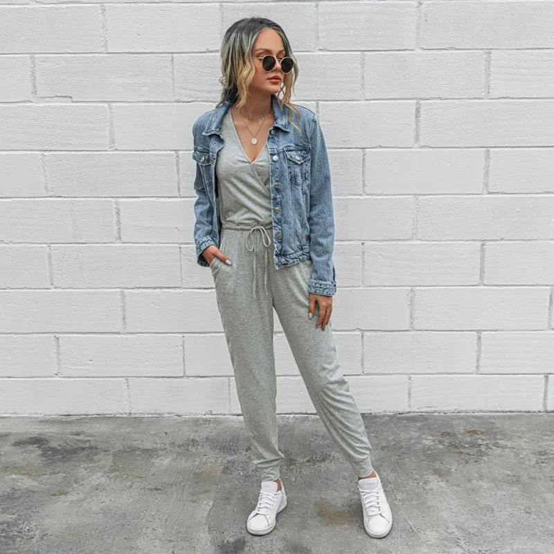 

hirigin Jumpsuit Fashion Women's 2020 Long Sleeve V Neck Lace Up With Pockets Female Autumn Solid Overalls Jumpsuits
