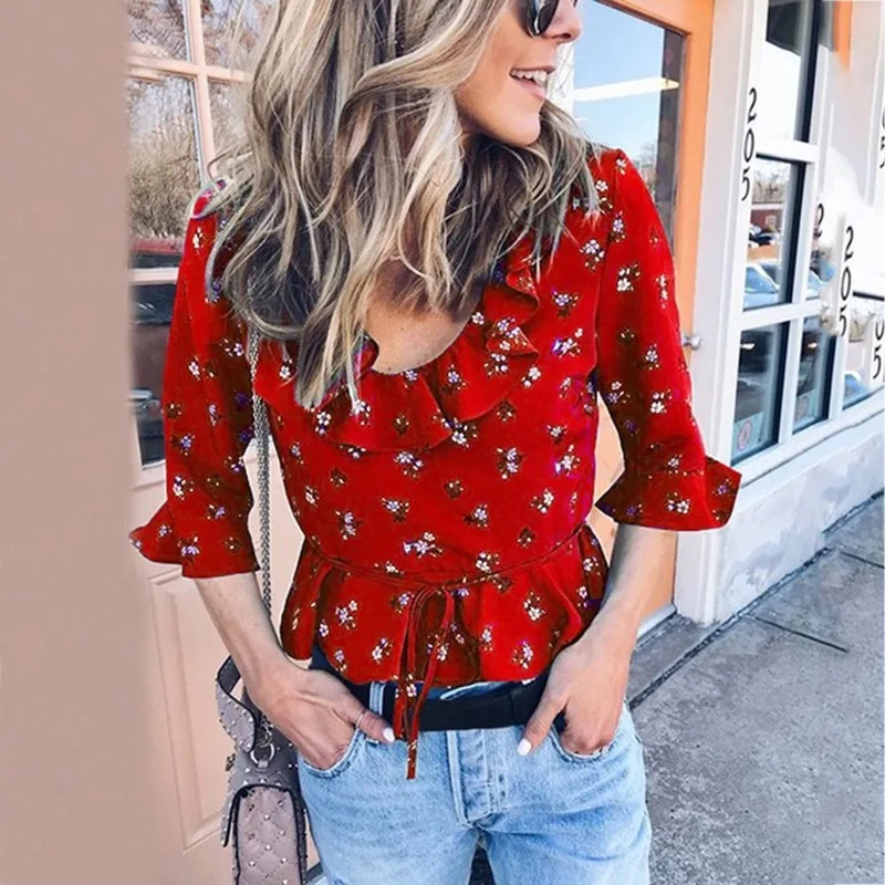 Женская блузка с круглым вырезом и 3/3 рукавами бабочками редкая цветочным