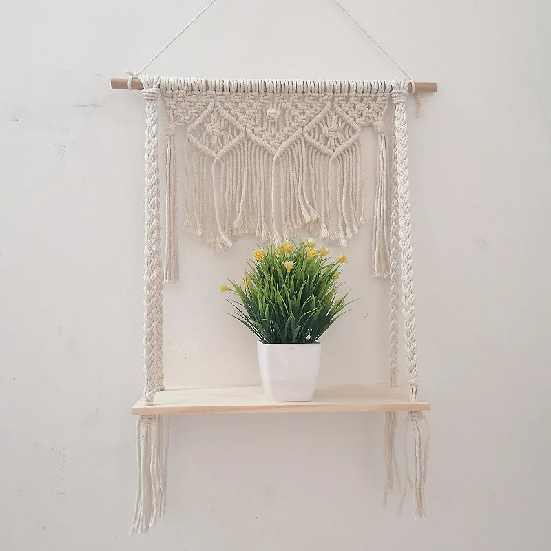 Cilected Home Decoration Macrame Rope Tapestry Rack Wooden Shelf Floating Plant Hanging Wall Shelves Crafts | Дом и сад