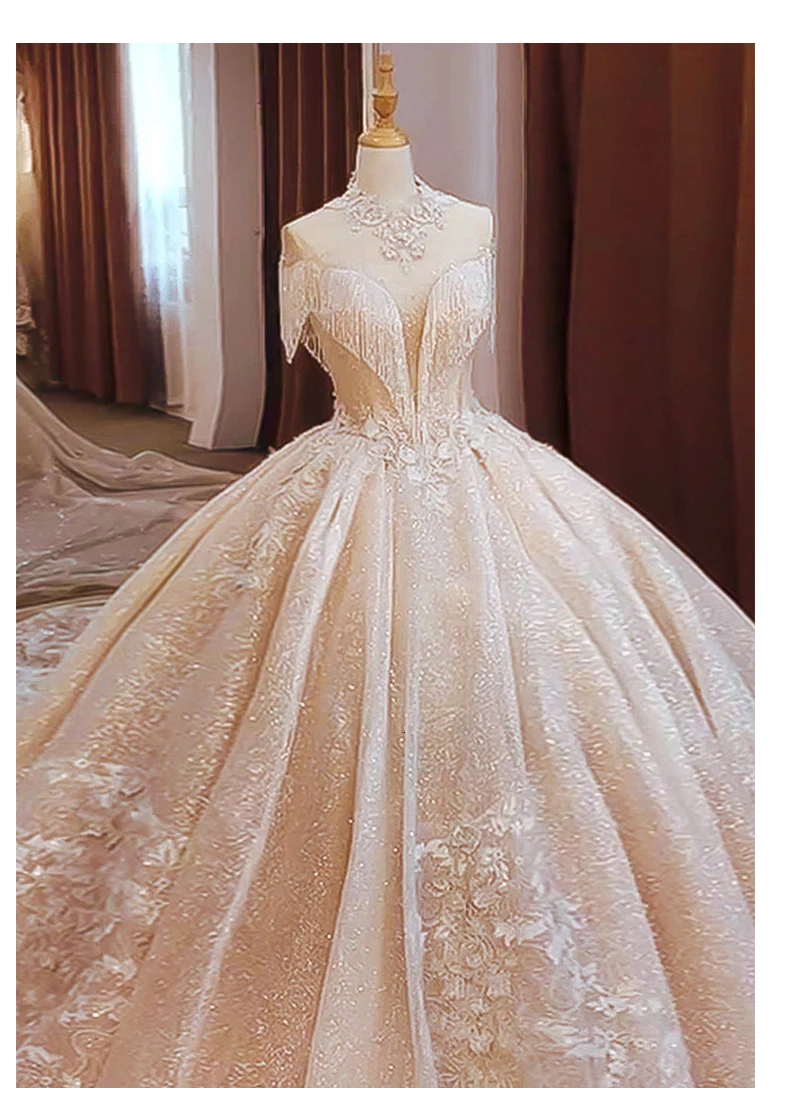Vivian's Bridal блестящая вуаль свадебное платье кружева с высоким воротником, со стразами Иллюзия сетки Бисероплетение кисточкой Принцесса фантазия Свадебное бальное платье