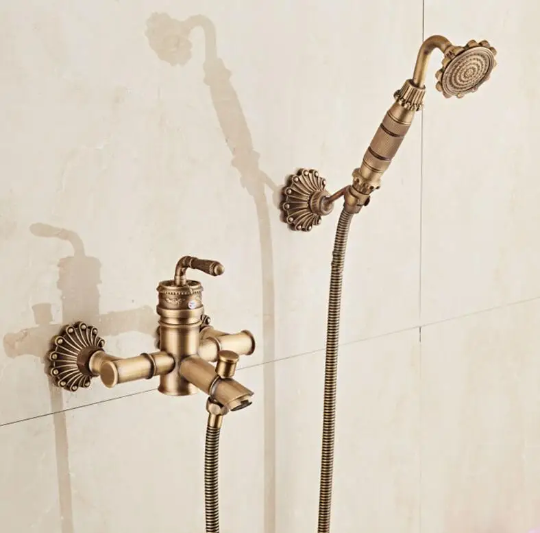 

New Arrivals Luxury Antique Brass Carved Bathtub Faucet with Hand held Shower head Wall Mounted Bathtub Faucet set free shipping