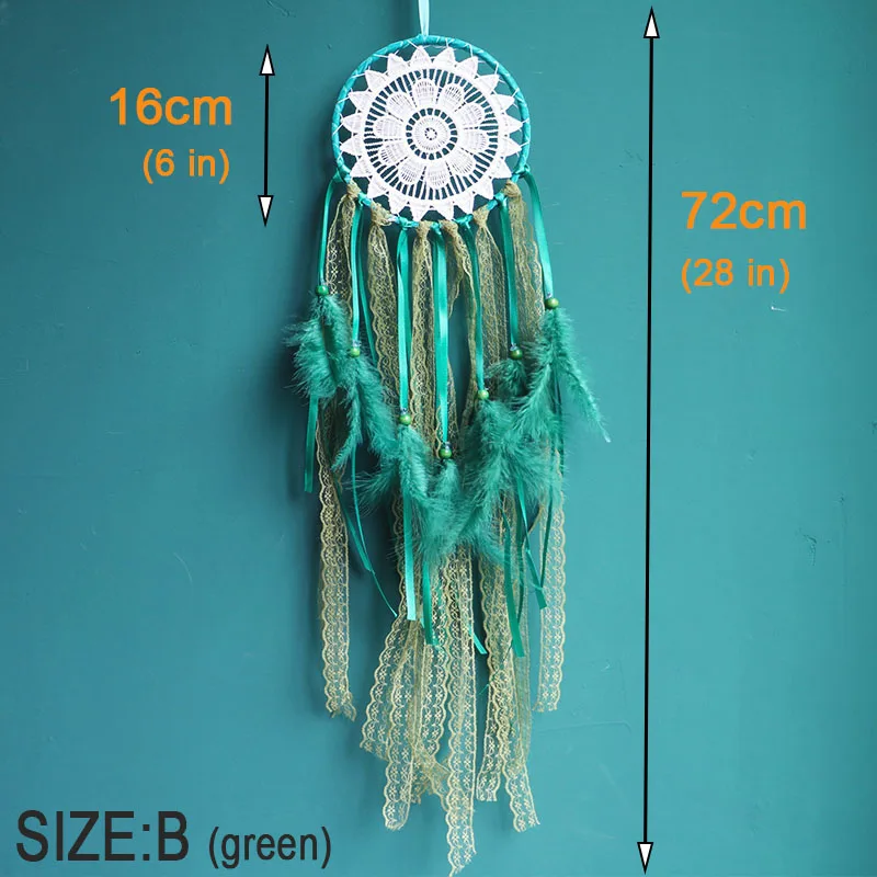 Настенный декор для спальни Ловец снов с оранжевыми и зелеными кружевами перьями