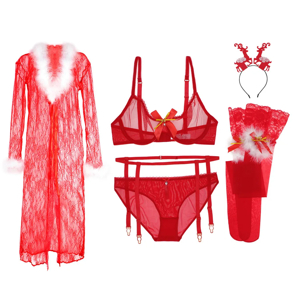 Комплект из бюстгальтера + трусиков подвязок чулок оленьих рогов ночной рубашки