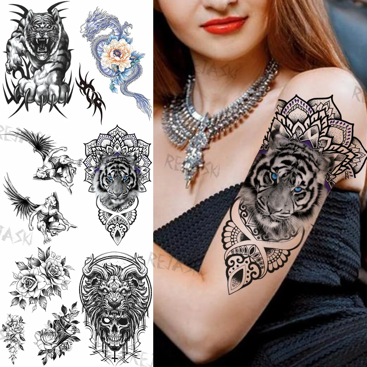 

Henna Lace Tiger Temporary Tattoos For Women Men Fake Lion Dragon Monster Skull Flower Tattoo Sticker Realistic Arm Tatoos Decal