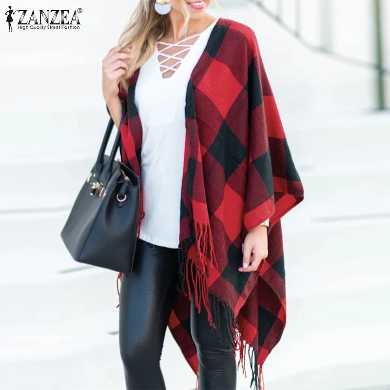 

Женская Повседневная клетчатая куртка в стиле ретро, элегантное Асимметричное пальто, сезон осень 2021, шерстяное пончо оверсайз ZANZEA, модные ...