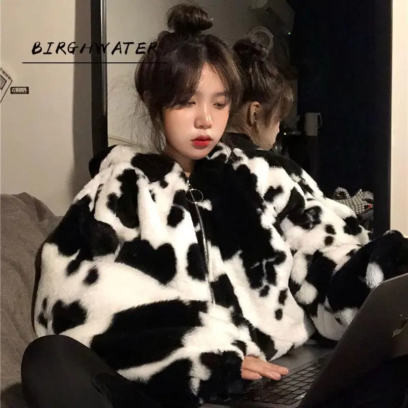 

Hoodies Women Winter Furry Cows Pattern Hooded Coat Women's Loose Top Cotton-Padded Coat Hoodies Sweatshirts Tops