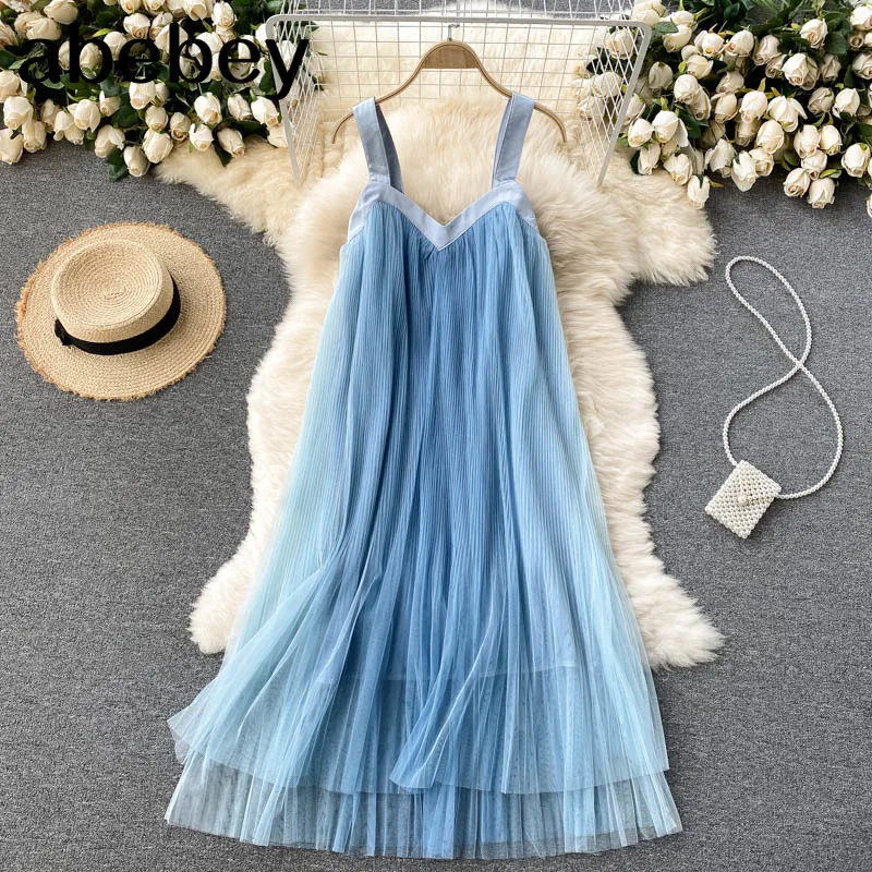 

Women Korean Strap Dress Elastic Ruched Sleeveless A-line Dresses Summer Elegant Sweet Dot Mesh Vacation Midi Sundress