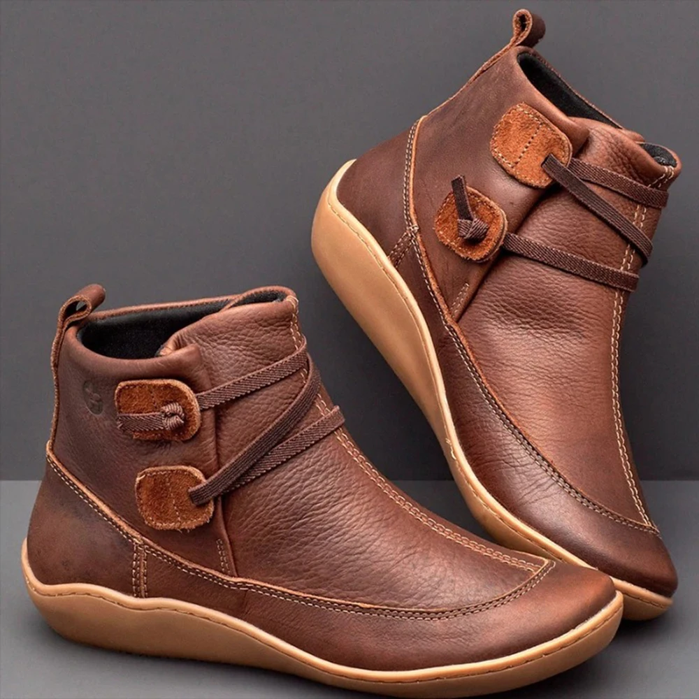 Dropshipping Women PU Leather Ankle Boots Winter Snow Flat Shoes Ladies Short Plush Cross Strap Vintage Botas Mujer | Обувь