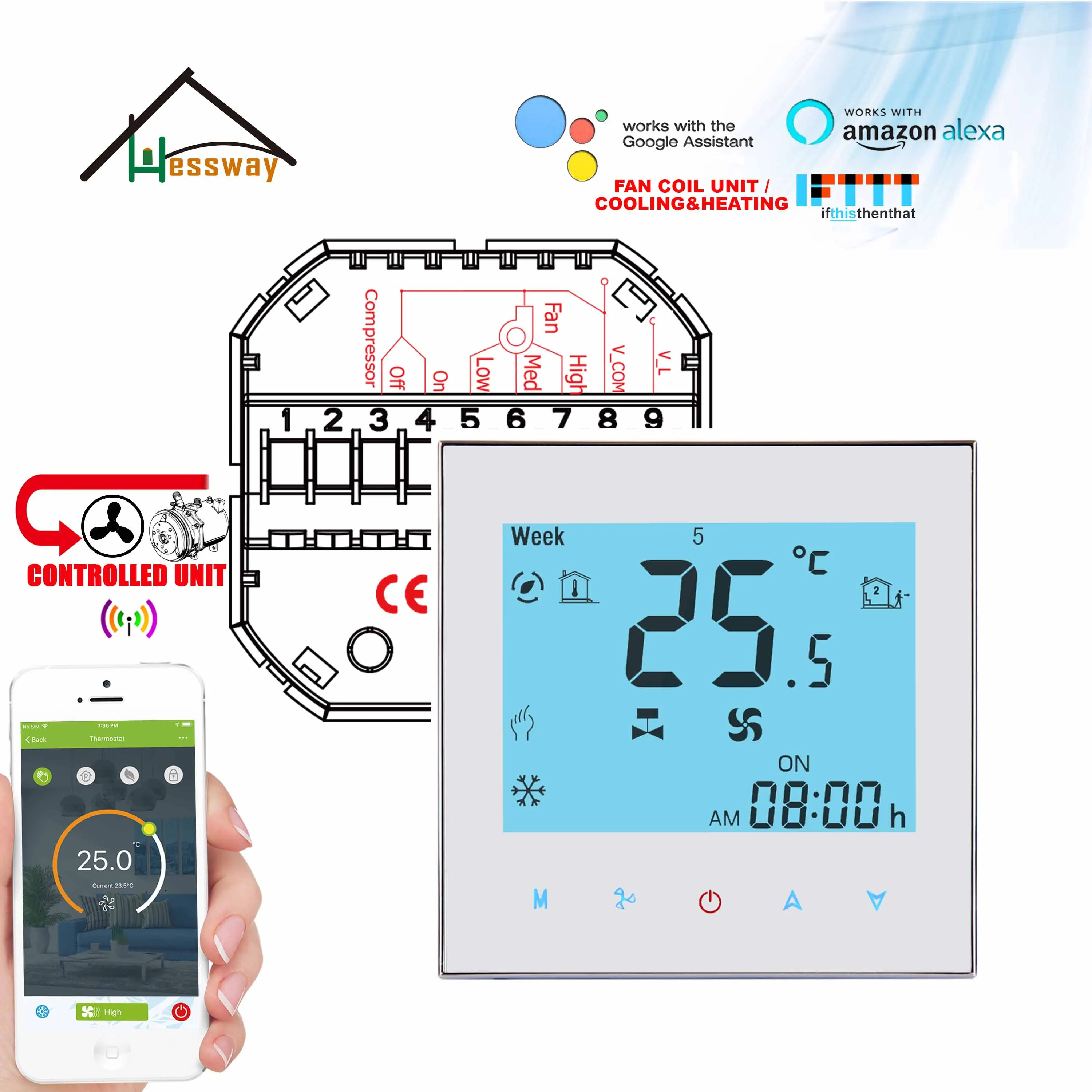 Compressor de Controle Automática e Aquecimento fi para Ventilador Hessway Tuya Atraso Termostato Bobina 2 Tubulação Refrigeração Inteligente Google Casa wi