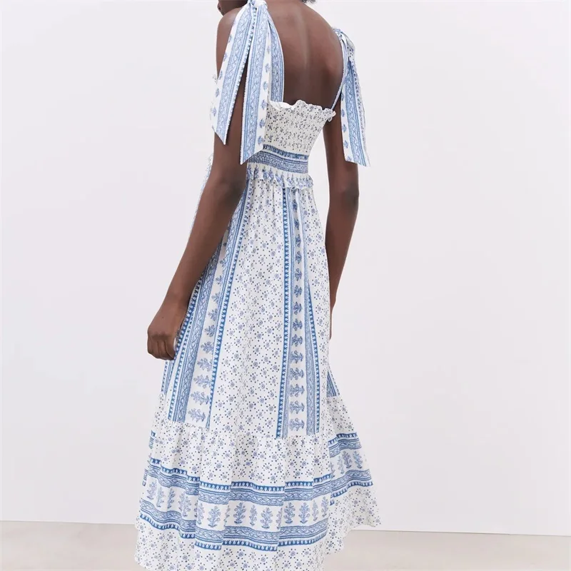 

ZXQJ Women 2021 Chic Fashion Smocked Printed Midi Strappy Dress Vintage Bow Tie Straps Ruffled Hem Female Dresses Mujer