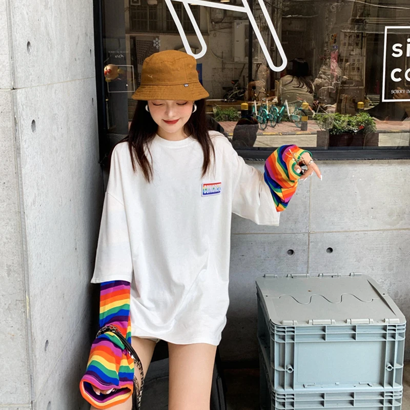 Harajuku футболка женская осенняя одежда корейский стиль полосатый лоскутный рукав футболки женские повседневные футболки Топ