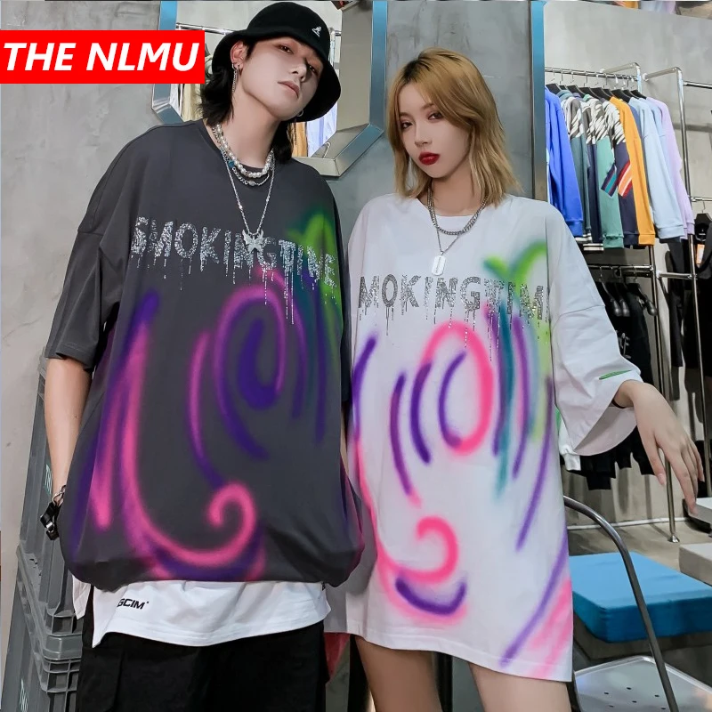 

2021 летняя футболка в стиле хип-хоп, Мужская Уличная одежда в стиле Харадзюку, свободная футболка с принтом граффити, хлопковые футболки с ко...