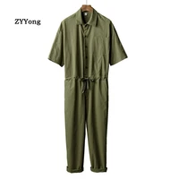 zyyong summer lapel short sleeve mens jumpsuit trousers loose hip hop style streetwear overalls casual comfortable black pants