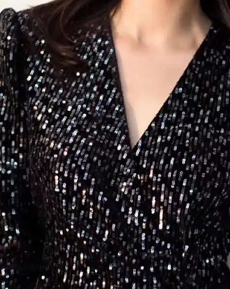 

2018 Fall Winter V-neck Sequined Long-sleeved Tunic Mini Dress