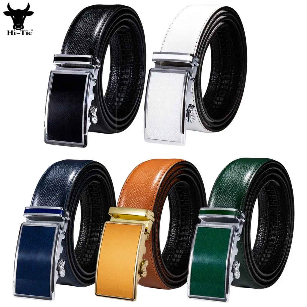 Hi-Tie 5 Colors Black White Green Orange Blue Leather Mens Belts Automatic Buckles Waist Straps for Dress Jeans Wedding Business