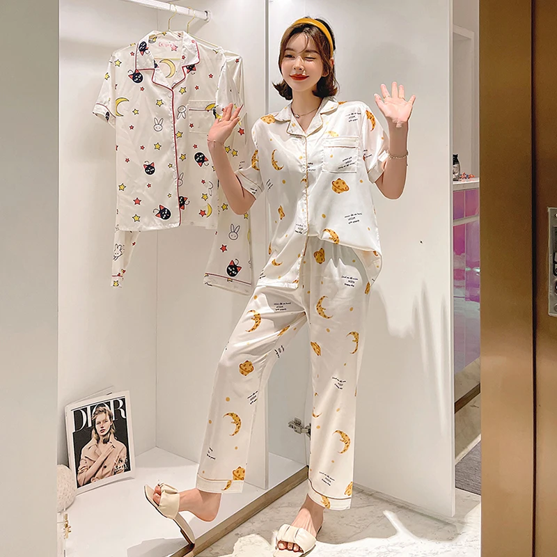 CAIYIER Summer Women New Pajamas Suit Silk satin Nightwear Girl Sweet Cartoon printing Pyjamas Short-sleeved Trousers Sleepwear