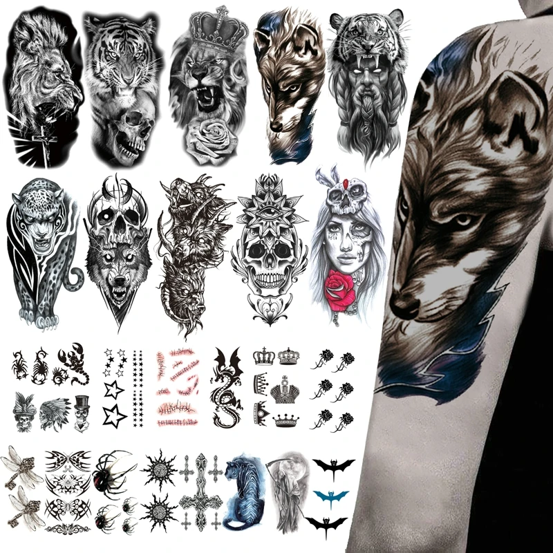 

25 шт./компл. водостойкие временные тату-наклейки, лес, Лев, тигр, флэш-татуировки, женские леопардовые, волчьи короны, боди-арт, тату на руку