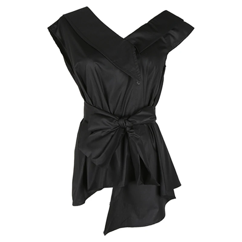 Женская Асимметричная блузка TWOTWINSTYLE летняя без рукавов с поясом и V-образным