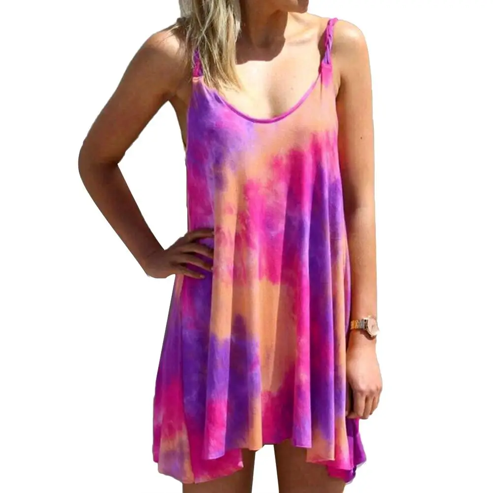 

Women Casual Braid Straps Gradient Color Large Hem Beach Loose Sling Mini Dress Women Casual Braid Straps Loose Sling Mini Dress