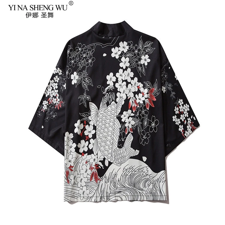 

16 Style Carp Print Black Men and Women Cardigan Blouse Haori Obi Asian Clothes Samurai Kimono Harajuku Japanese Fashion