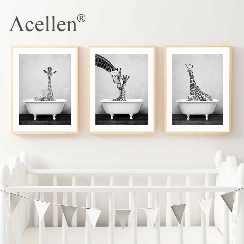 Детское животное в ванной постер панда жираф слон лев свинья корова