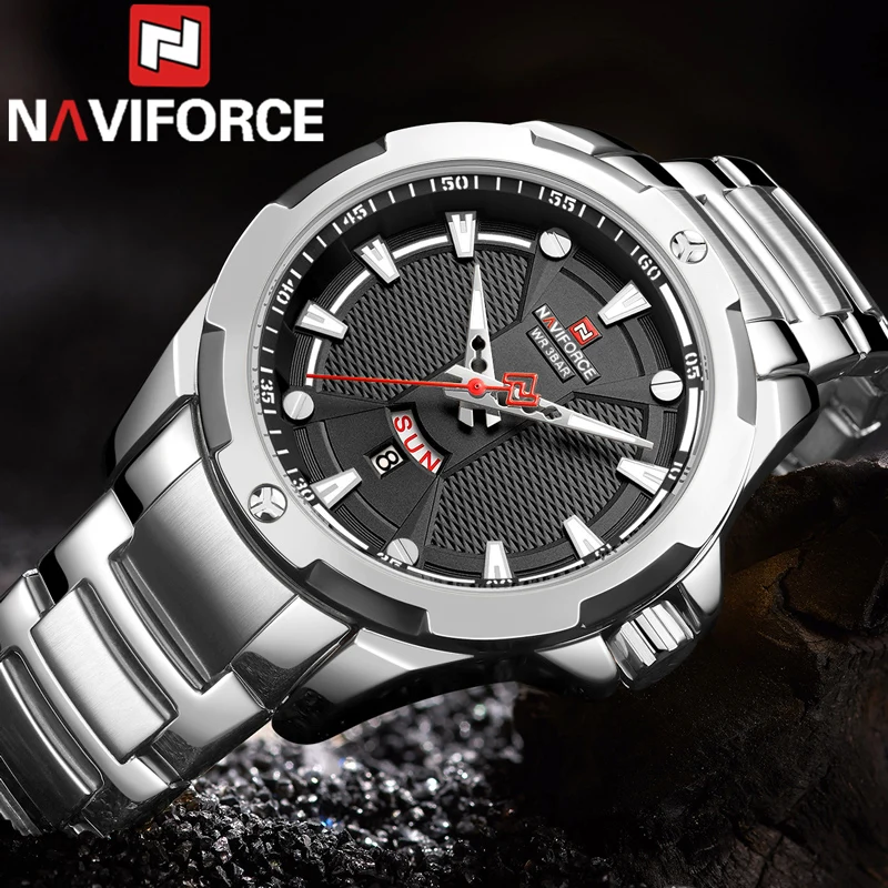 NAVIFORCE мужские наручные часы водонепроницаемые деловые мужские часы серебряные из нержавеющей стали спортивные военные Дата Неделя кварцевые мужские часы 9161