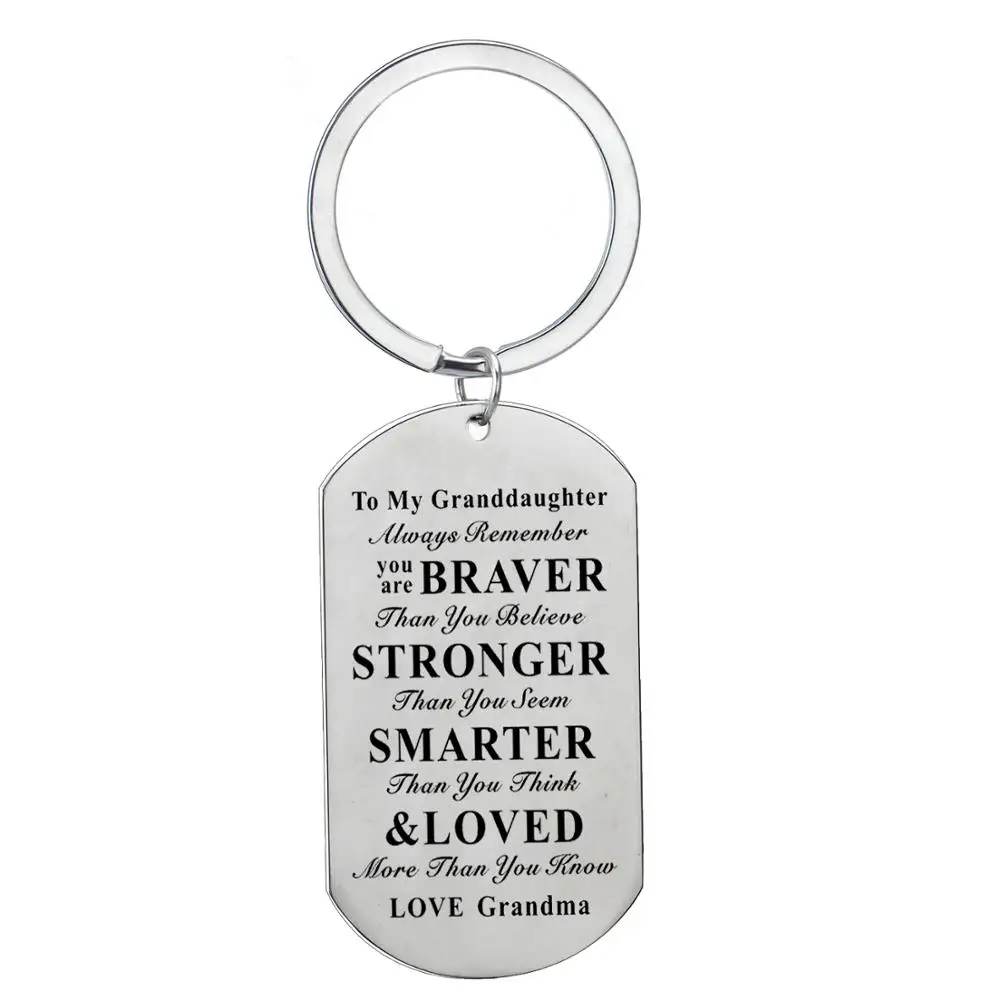 

12PC To My Granddaughter Love Grandma Keychain Stainless Steel Dog Tag Charm Pendant Keyring Family Party Christmas Gift Jewelry