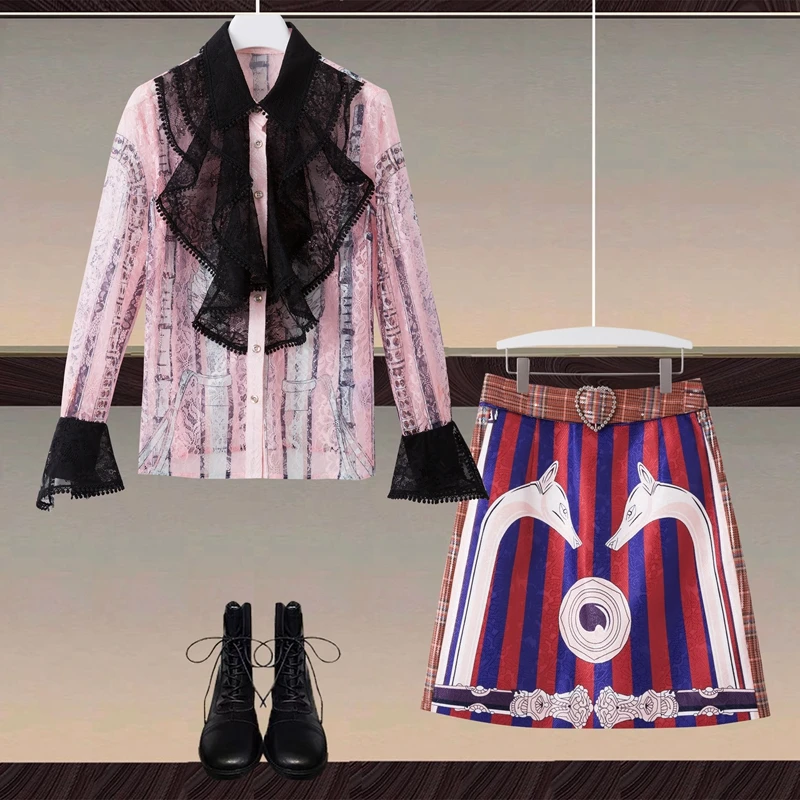 

Fashion High Quality Designer Spring Autumn New Women's Print Suit Lace Hollow Tops Mini Skirt Elegant Vintage Chic 2 Piece Set