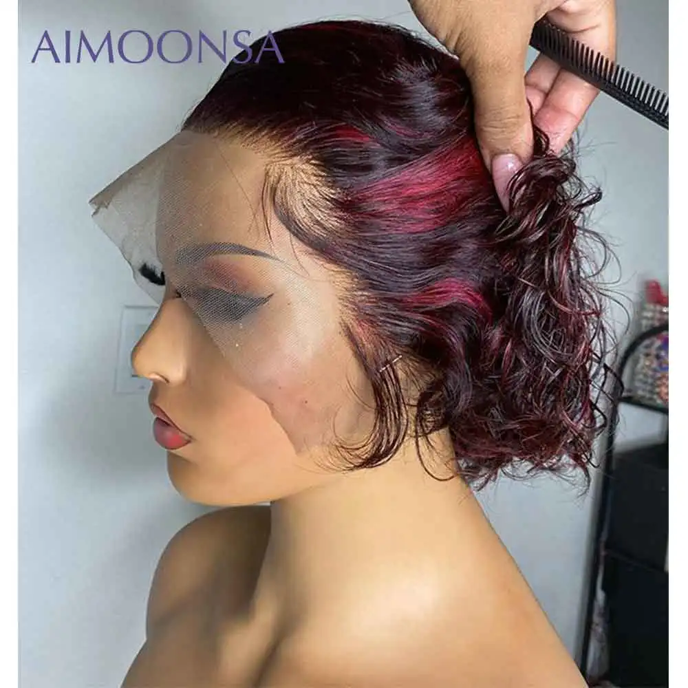 Короткий боб парик с красной подсветкой свободные глубокая волна Пикси