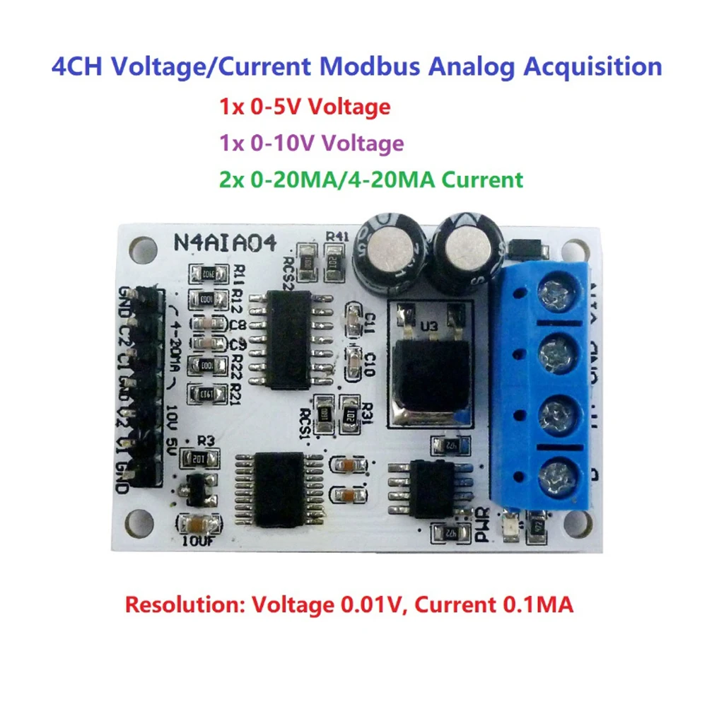 

DC 8-25V 4-20MA/0-20MA/0-5V/0-10V 4ch Voltage Signal Analog Acquisition RS485 Modbus RTU ADC Module 4-channel Current Collection