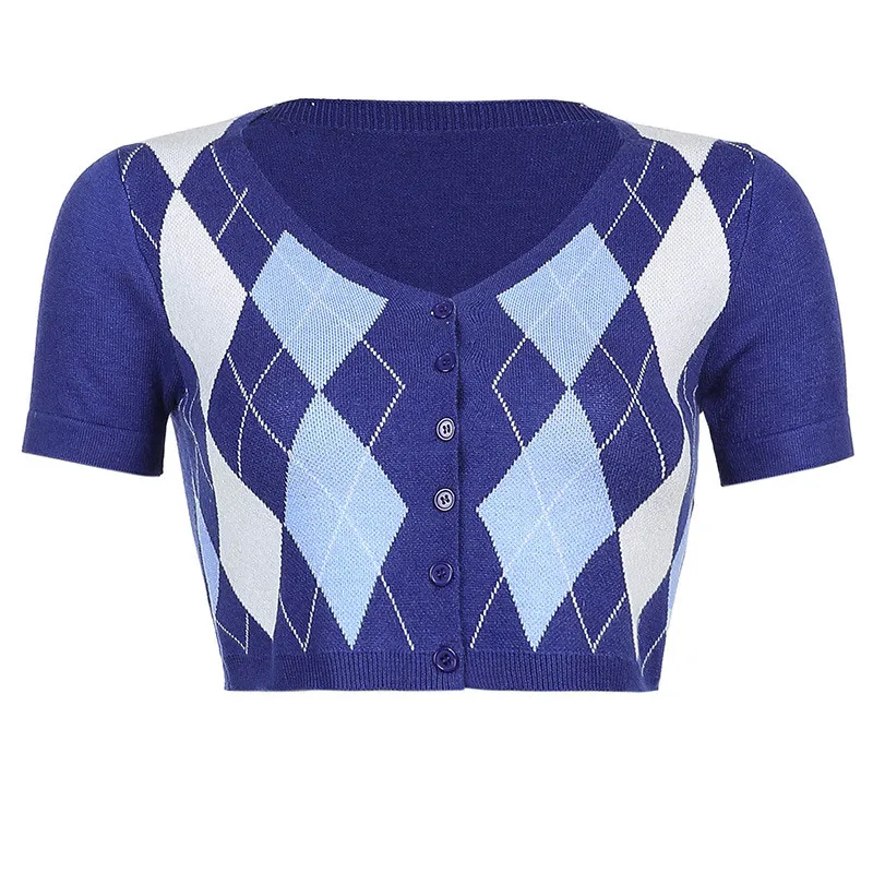 

Women's Argyle Plaid Vintage V Neck Crop Top Single-Breasted Skinny Knitted Shirts 2021 Summer Ladies Casual Sweet Style Shirt