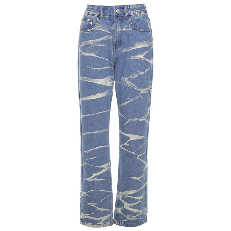 

JESSIC Casual Blue Solid Cotton High Waist Loose Stripe Straight Women Jeans New Streetwear Wild Stretch Zipper Female Trousers