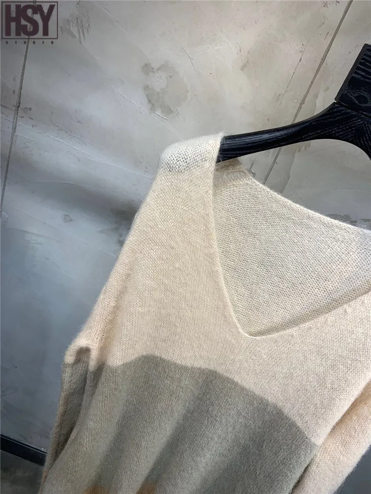 【HSY】2019 Осень Зима Новый женский длинный рукав v образный вырез контрастная