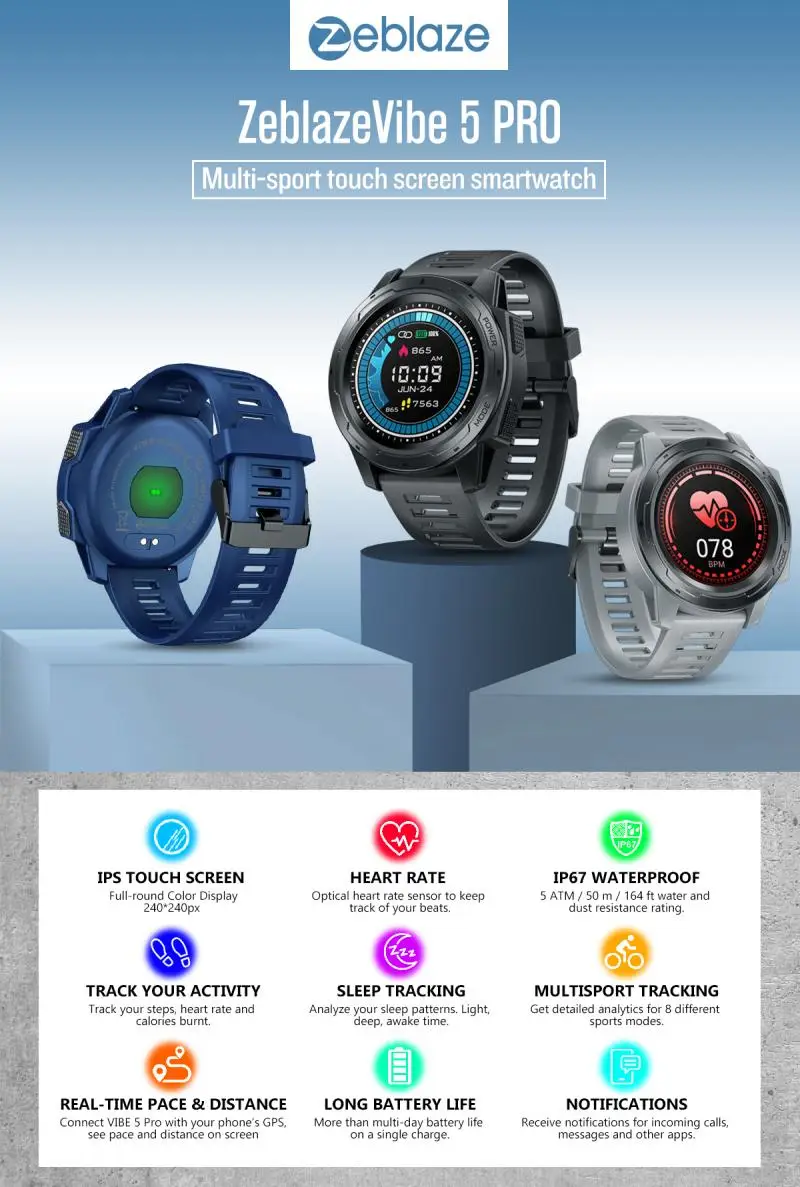 Zeblaze VIBE 5 PRO спортивные Смарт-часы для Android IOS водонепроницаемые сенсорные умные часы Браслет фитнес-часы 168 часов использования времени