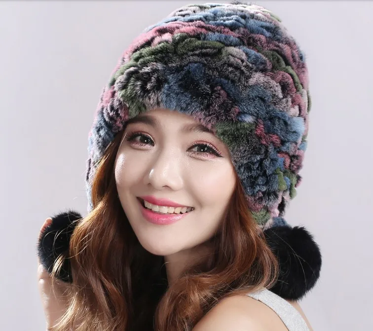 Новинка натуральная женская вязаная шапка из кроличьего меха с помпонами ручной