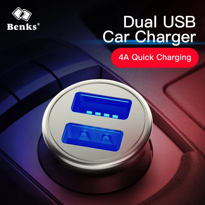 

Benks Car Charger Dual USB Port Fast Charging Intelligent Charge With LED Light Vans Quick Charger 4.8A For iphone Android Phone