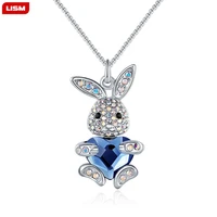 cute cartoon rabbits love heart with blue crystal necklace bunny pendant charm fashion jewelry drop shipping