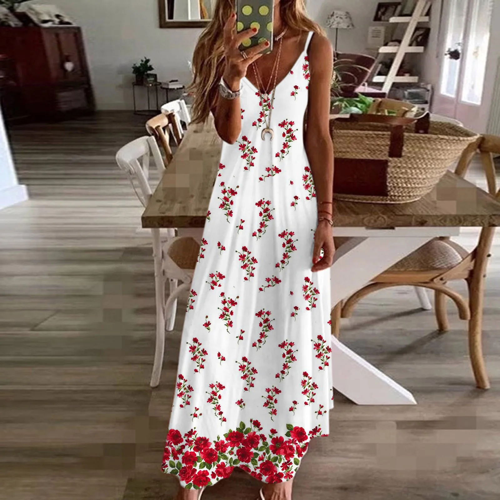 

Floral Printed Sleeveless V-Neck Maxi Dress Women's Ladies Loose Long Dress Summer Dress 2021 Women's Vestidos Largos Verano