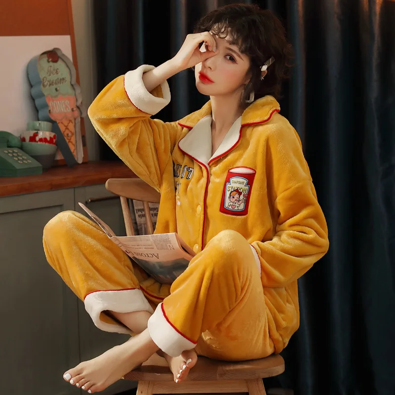 Фланелевый пижамный комплект с рисунком для женщин толстый осенне зимний