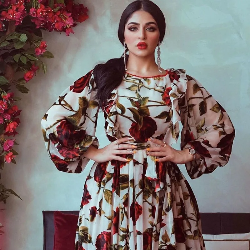 

Ruffled Rose Printed Bohemian Dress Women's Robe 2021 Dresses Islam Middle East Turkey Dubai Turkish Muslim Long Satin Dress