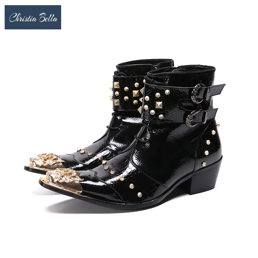 

Christia Bella Winter Genuine Leather Motorcycle Short Boots Buckle Rivets Cowboy Ankle Boots Pointed Toe Party Boots Dress Shoe