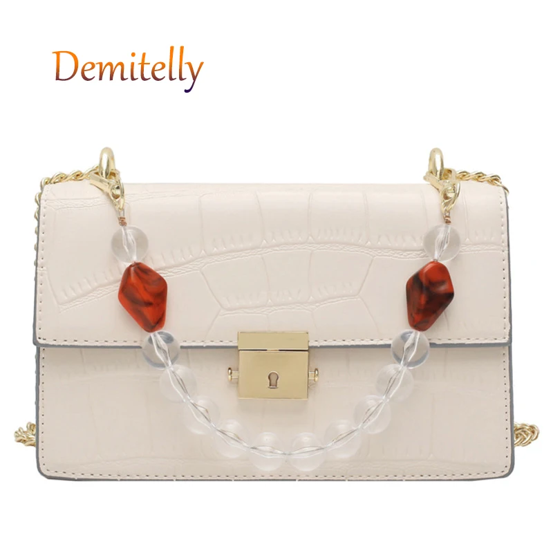 Женская сумка с цепочкой и бусинами модный мессенджер на плечо каменным узором